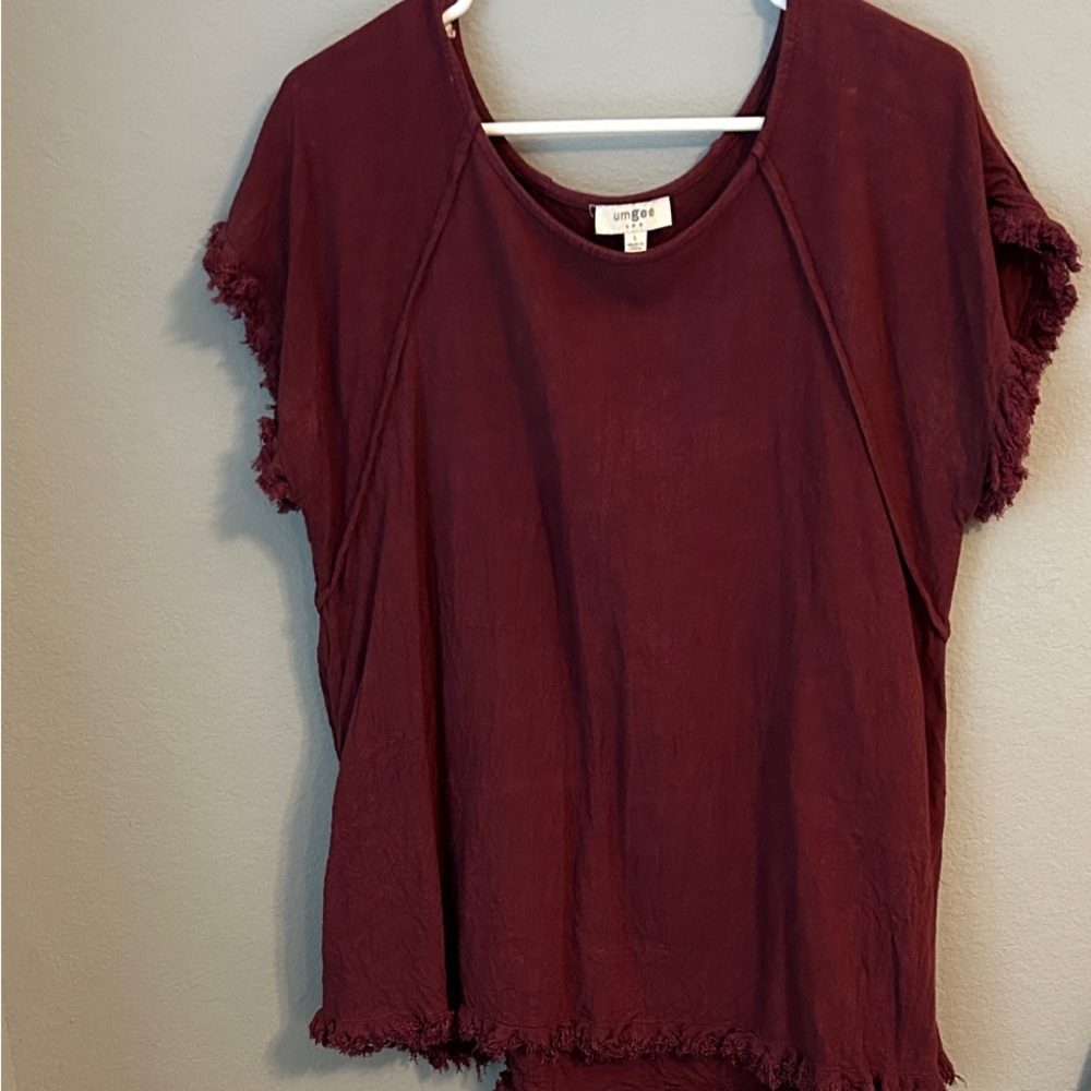 Umgee Maroon Short Sleeve Fringe Top